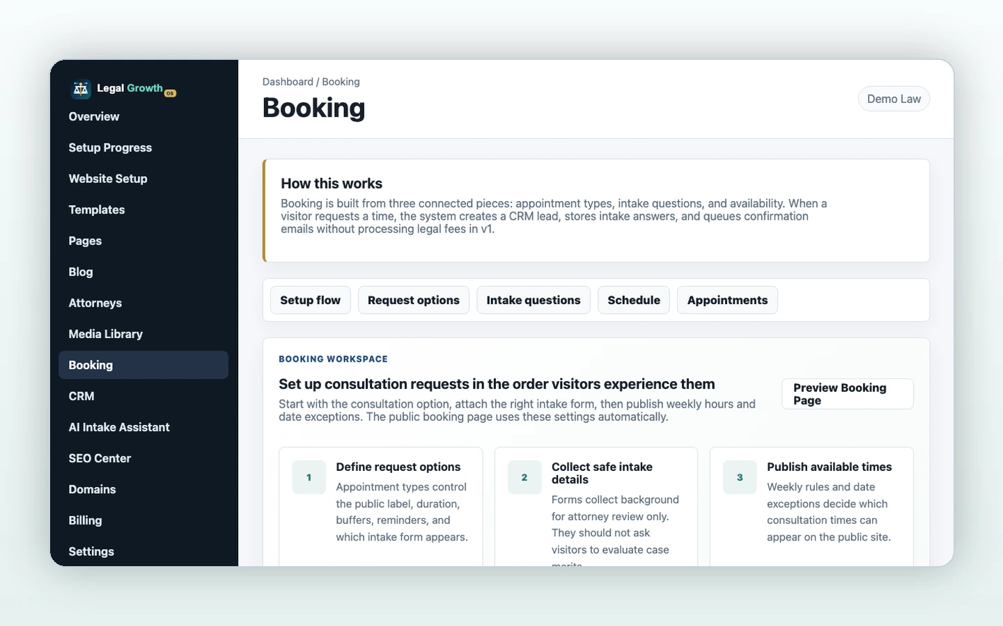 AI Intake Assistant that helps visitors request consultations
