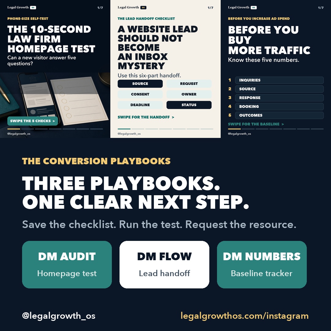 Three Legal Growth OS Instagram conversion playbooks for a homepage audit, lead handoff, and measurement baseline