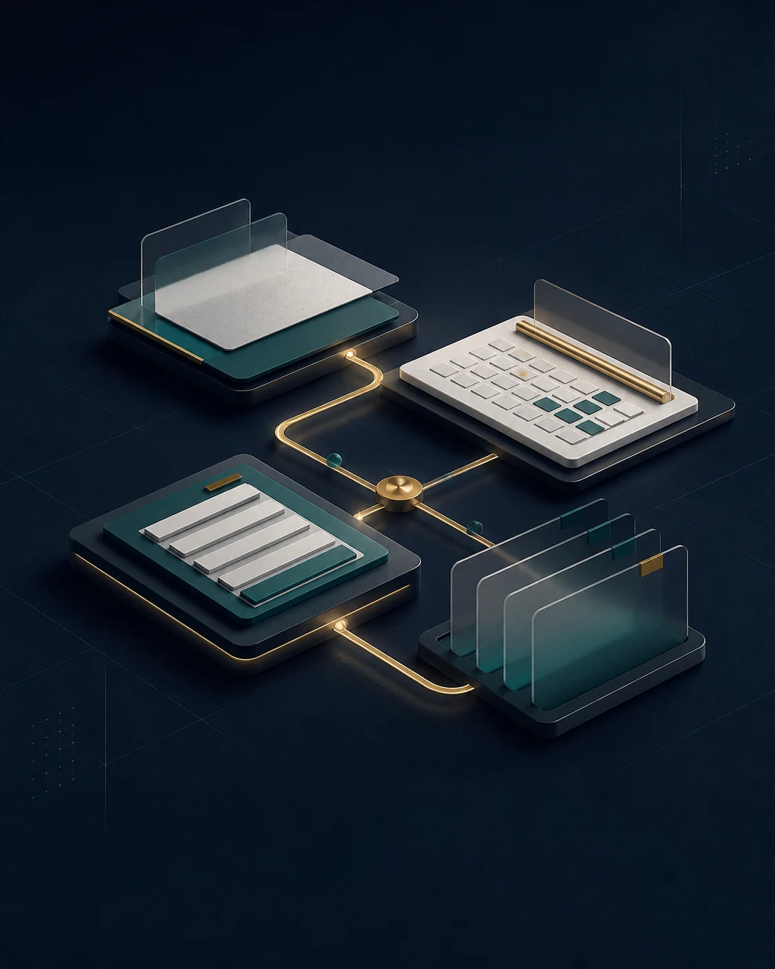 Connected website, calendar, intake, and CRM modules in the Legal Growth OS navy, teal, and gold brand palette