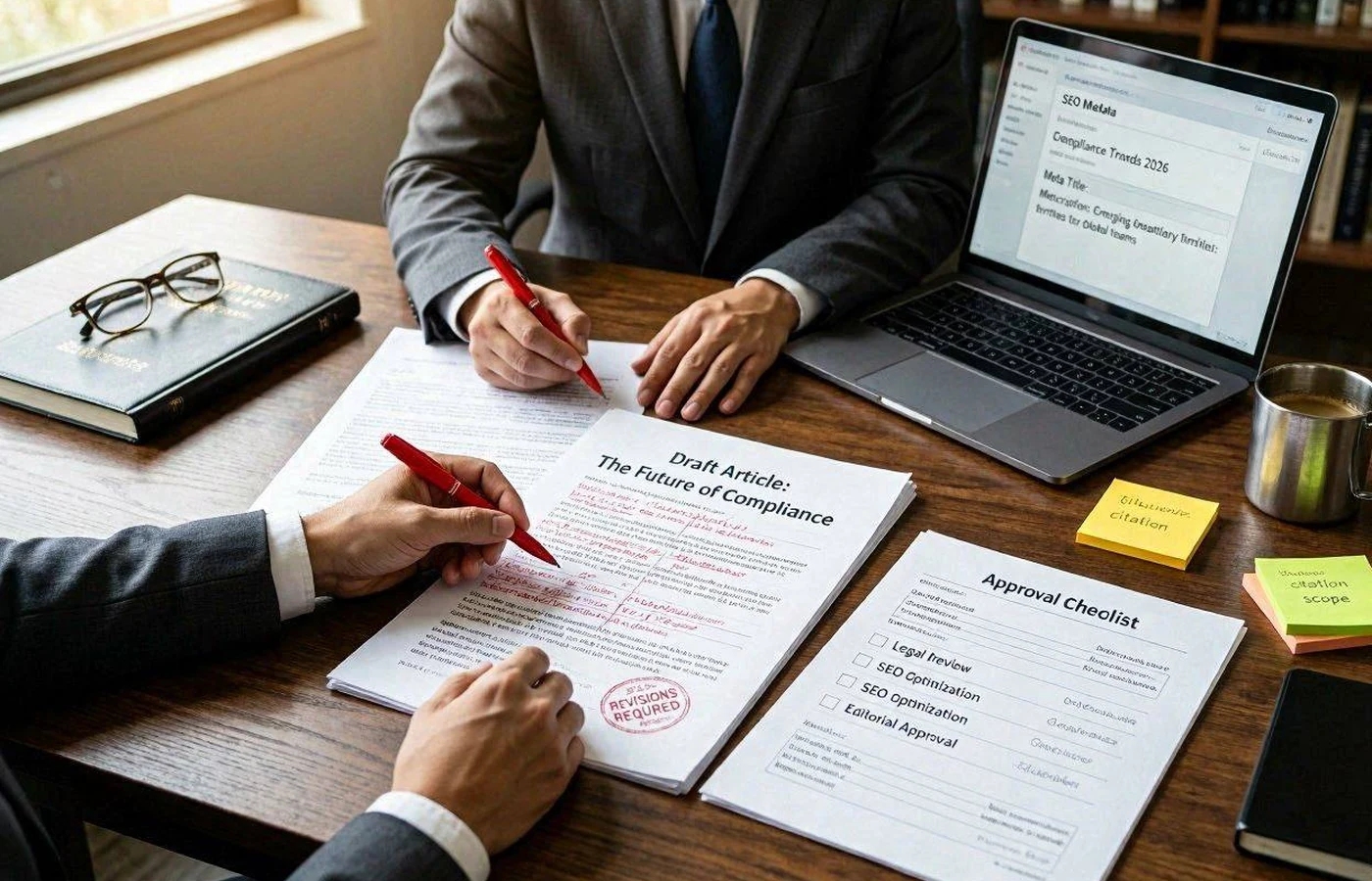 Attorney reviewing law firm website content and performance notes on a laptop
