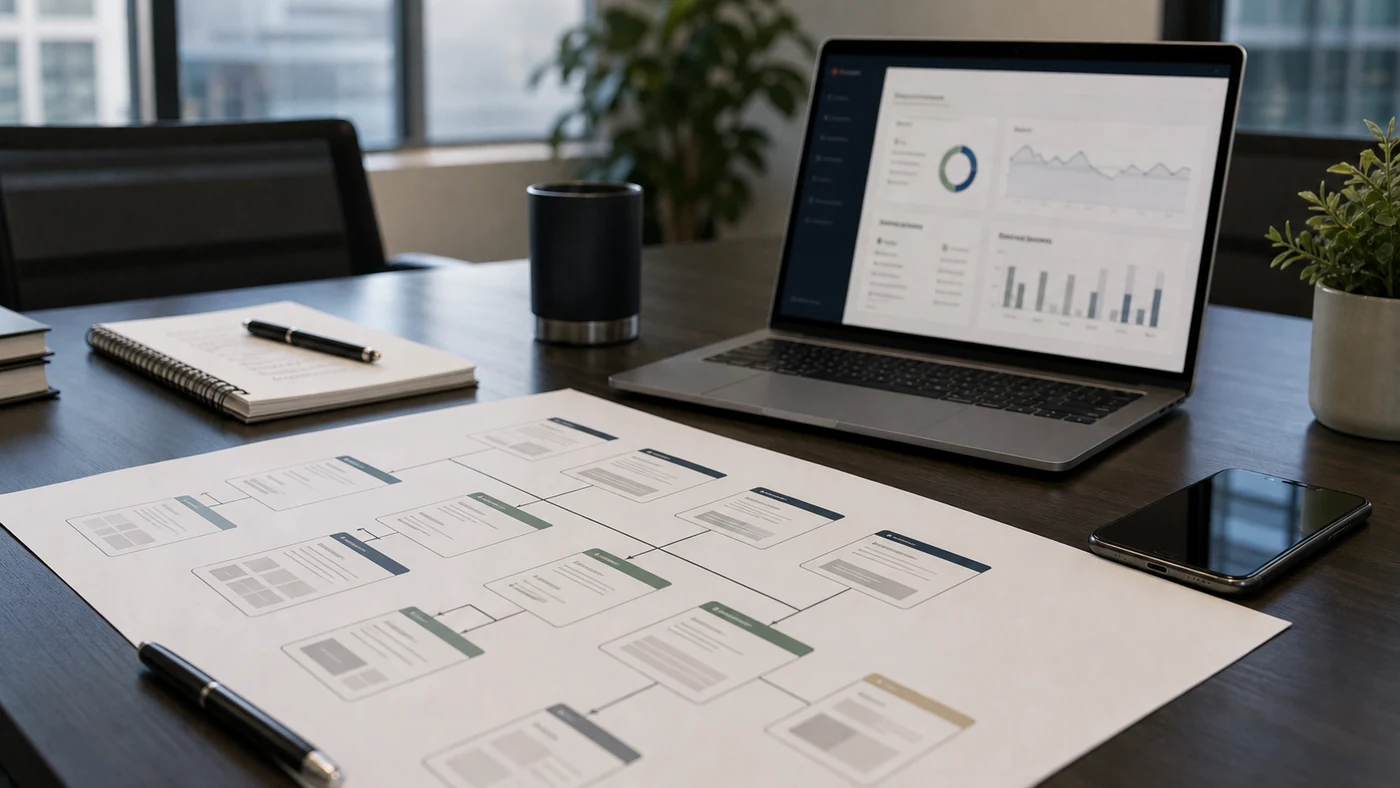 Law firm workflow map with CRM analytics and intake planning documents