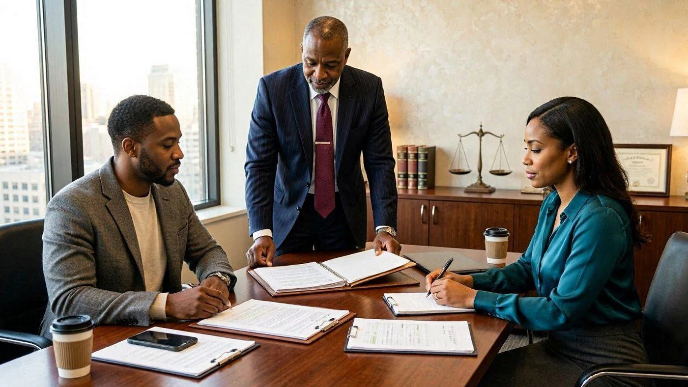 Law firm growth workflow with laptop dashboard, calendar, and intake notes on a conference table
