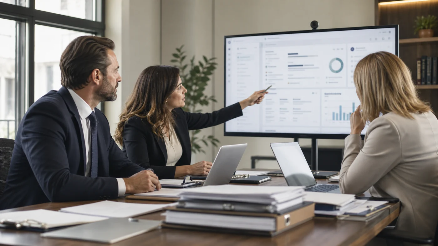 Law firm team reviewing a Legal AI workflow dashboard in a modern office
