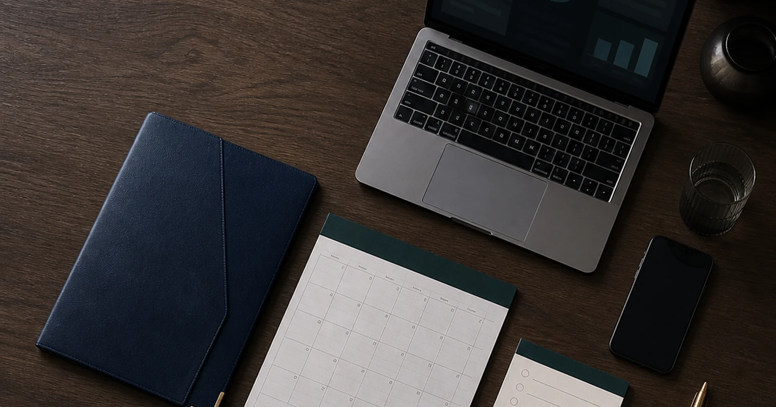 Organized law firm growth desk with a laptop dashboard, calendar, intake checklist, phone, and document folder