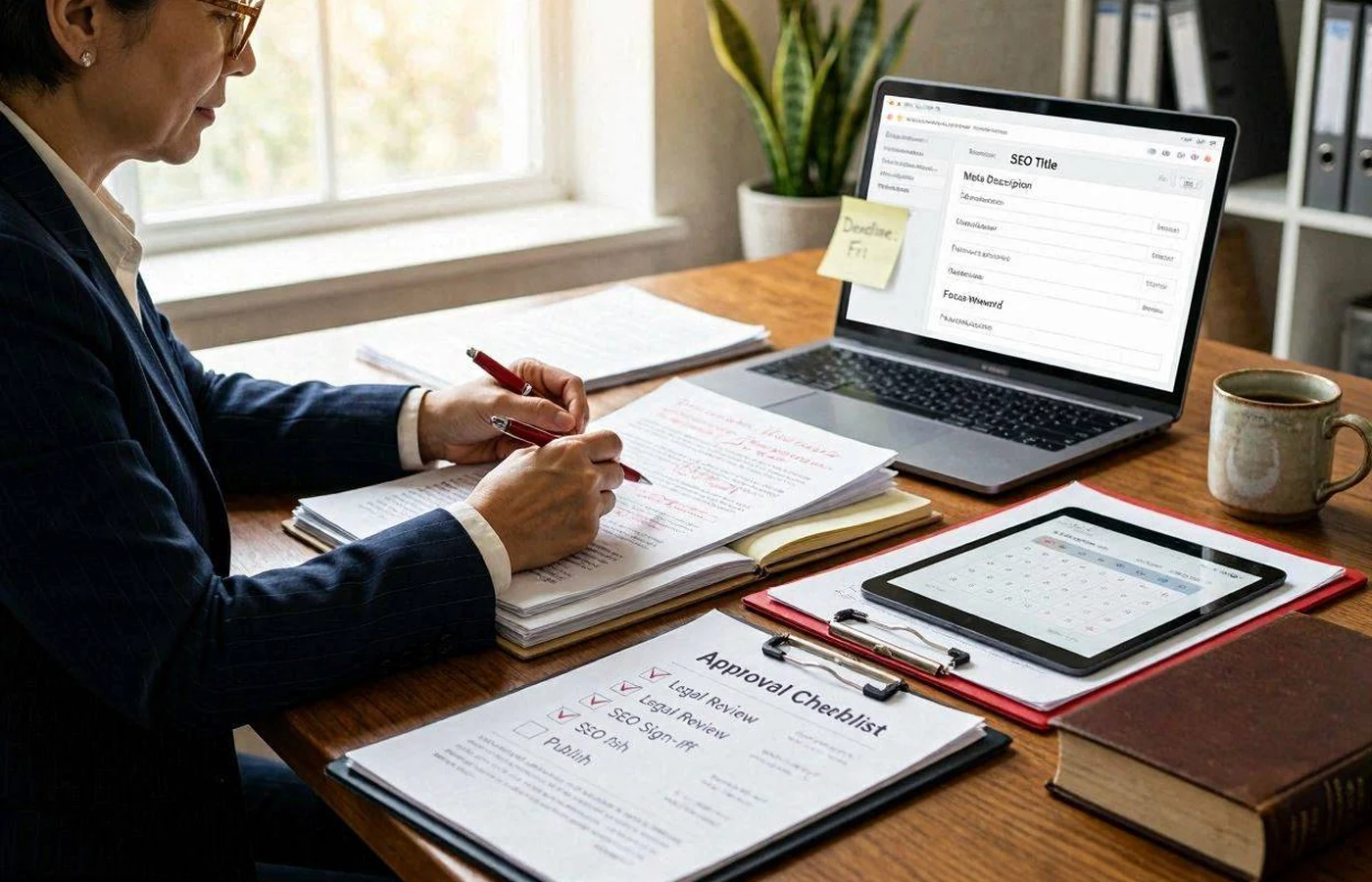 Law firm team reviewing practice area page structure and consultation workflow materials
