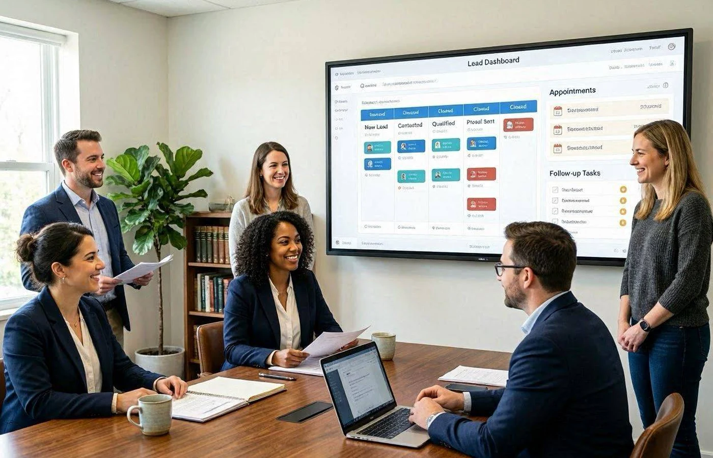 Law firm team reviewing intake, booking, and CRM workflow on a tablet