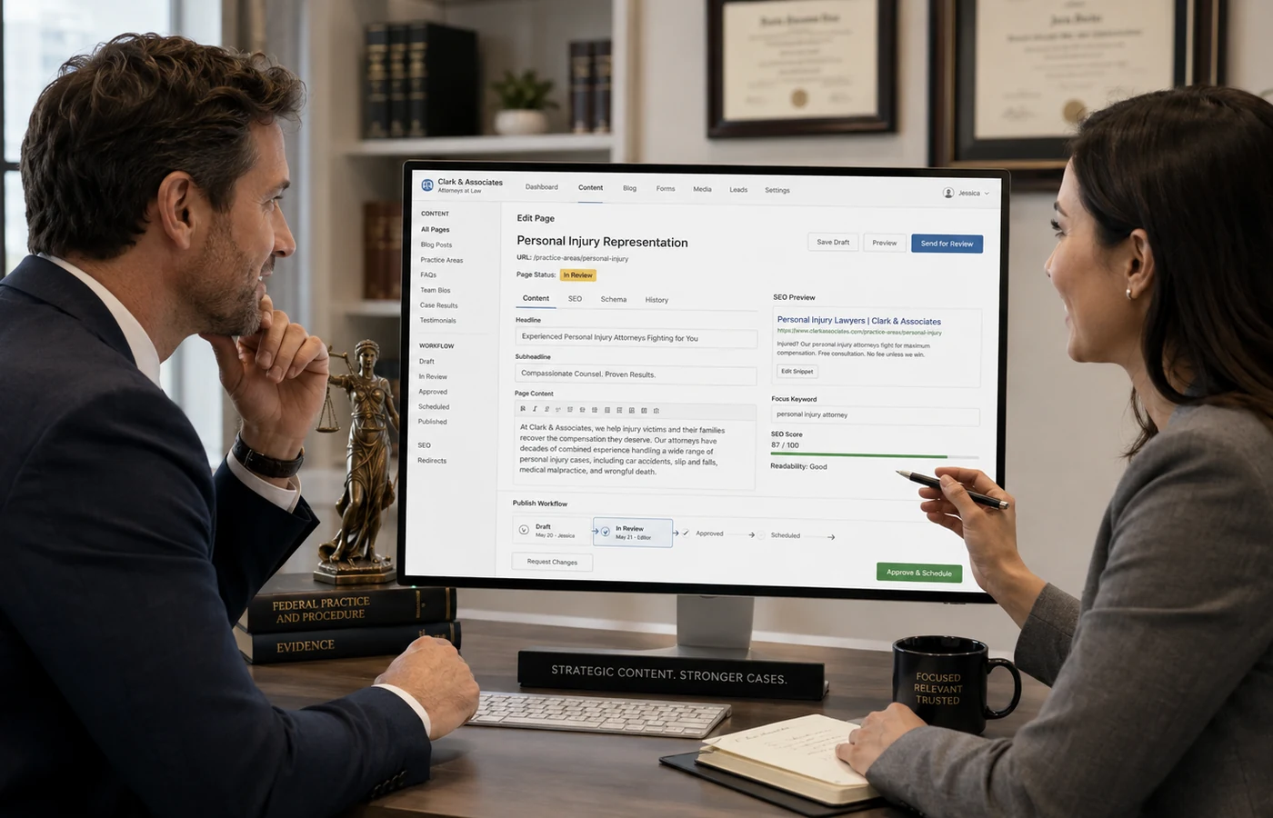 Attorney reviewing a law firm website dashboard and public site preview
