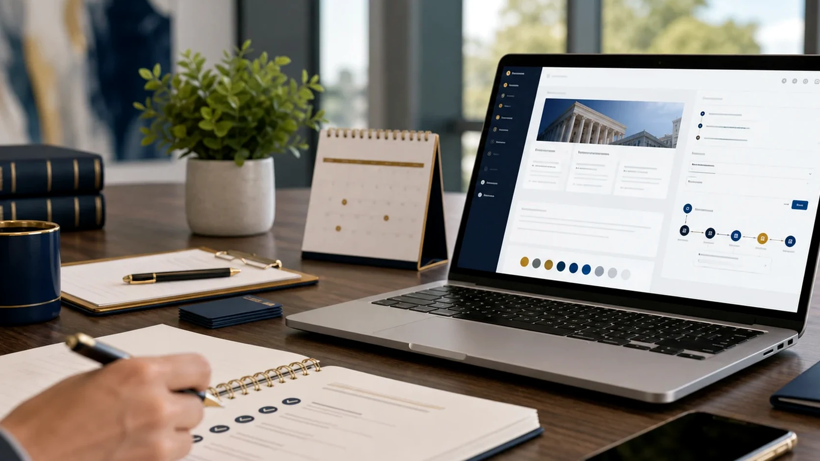 Law firm growth workflow dashboard, intake checklist, calendar, and public website setup on a laptop