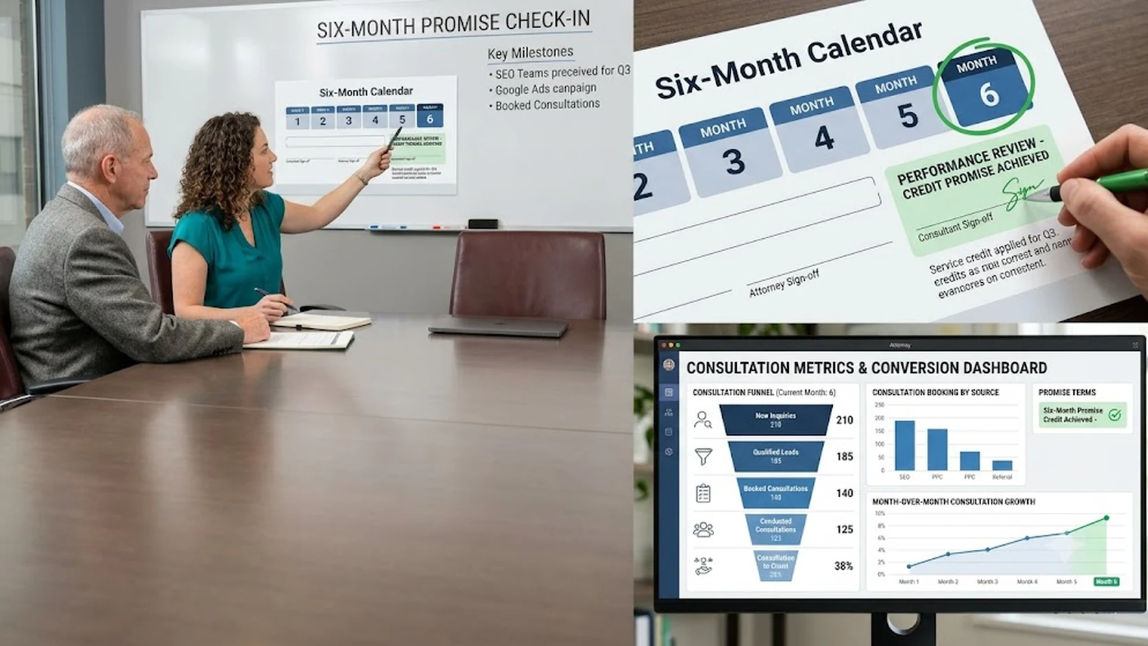 Legal Growth OS six-month performance review and service-credit dashboard