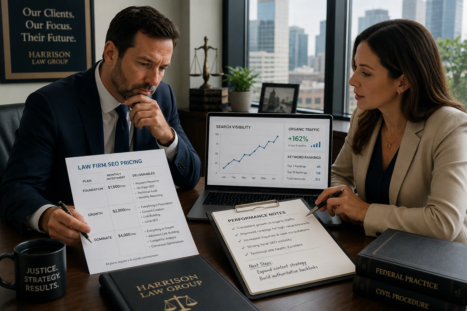 Law firm owner and marketing advisor reviewing SEO pricing, visibility metrics, and performance notes in a law office