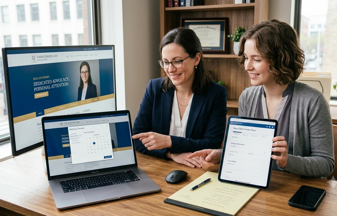 Law firm team reviewing a website and client acquisition dashboard during a planning meeting