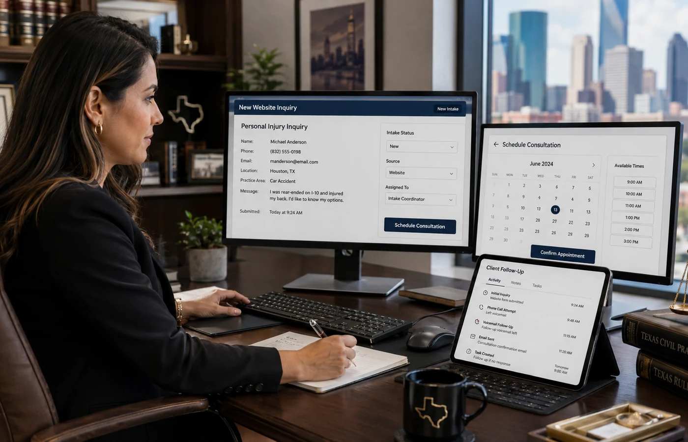 Law firm team reviewing a visitor to consultation workflow with intake, calendar, and CRM steps