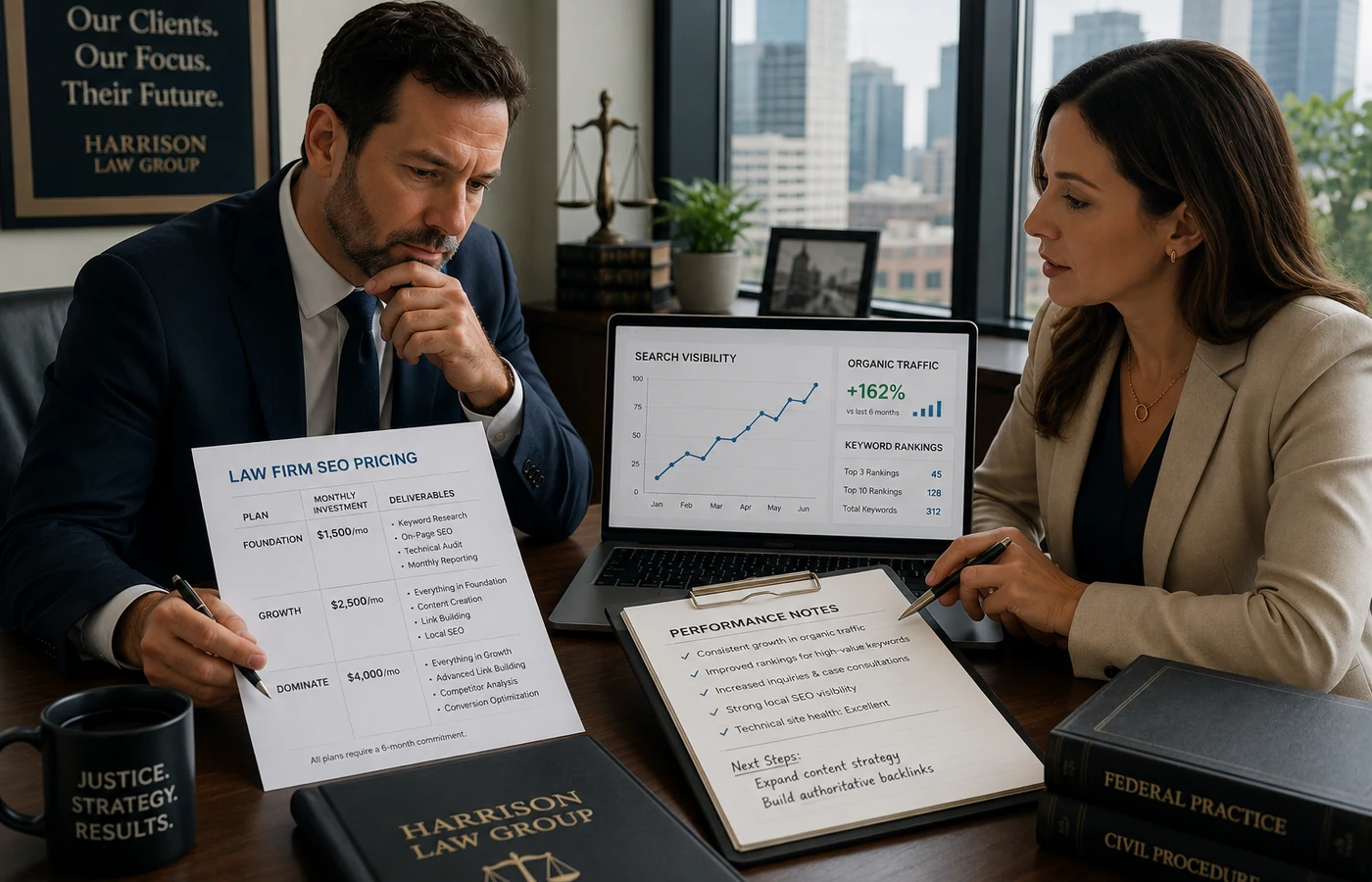 Law firm marketing review with SEO audit checklist, analytics, and website comparison screens