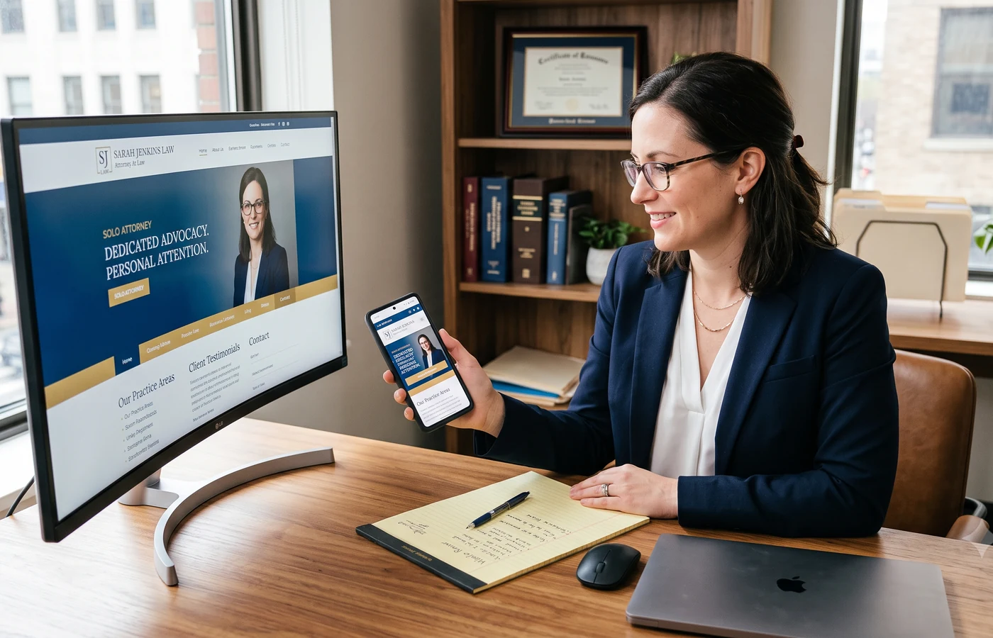 Solo attorney reviewing a law firm website dashboard on a laptop in an office