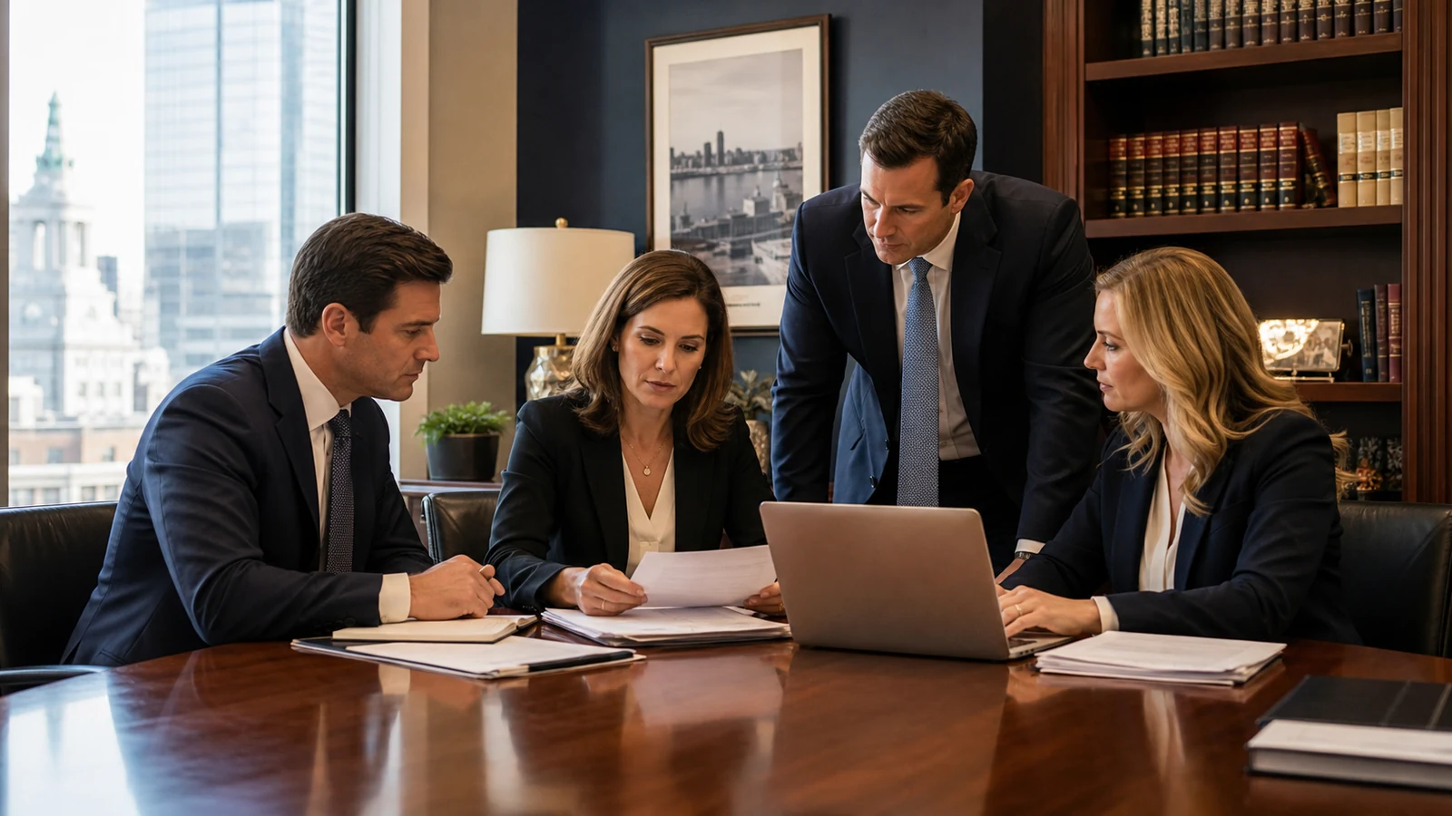 Attorneys reviewing a law firm growth dashboard, intake requests, and SEO recommendations in a professional office