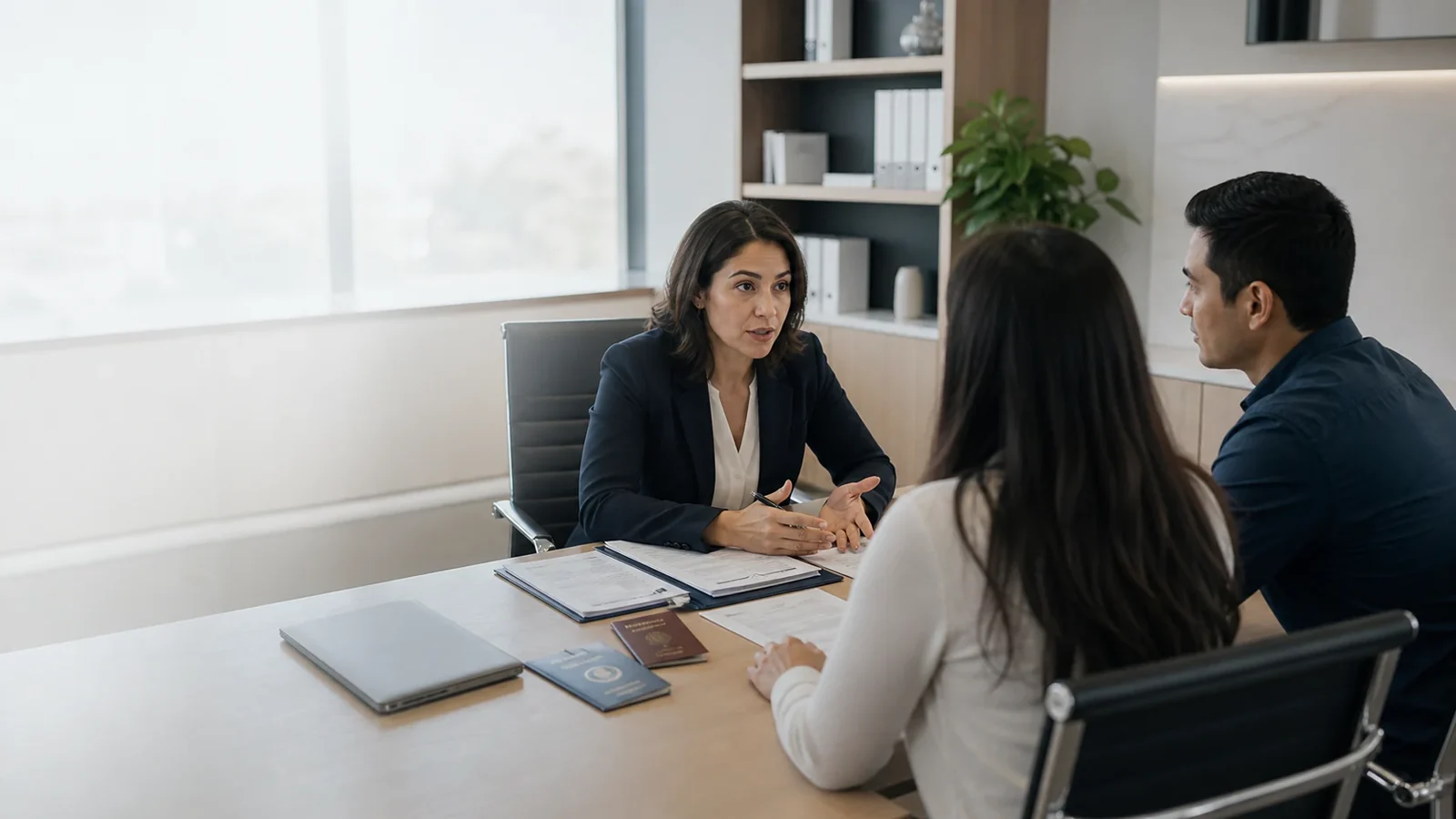 Immigration attorney meeting with clients in a modern law office with passports and intake documents