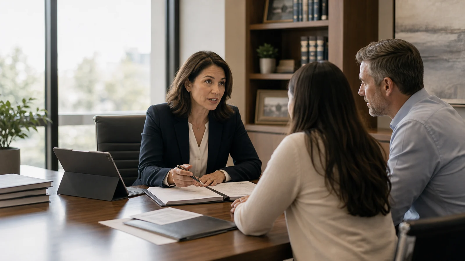 Estate planning attorney meeting with clients at a law office table with planning documents